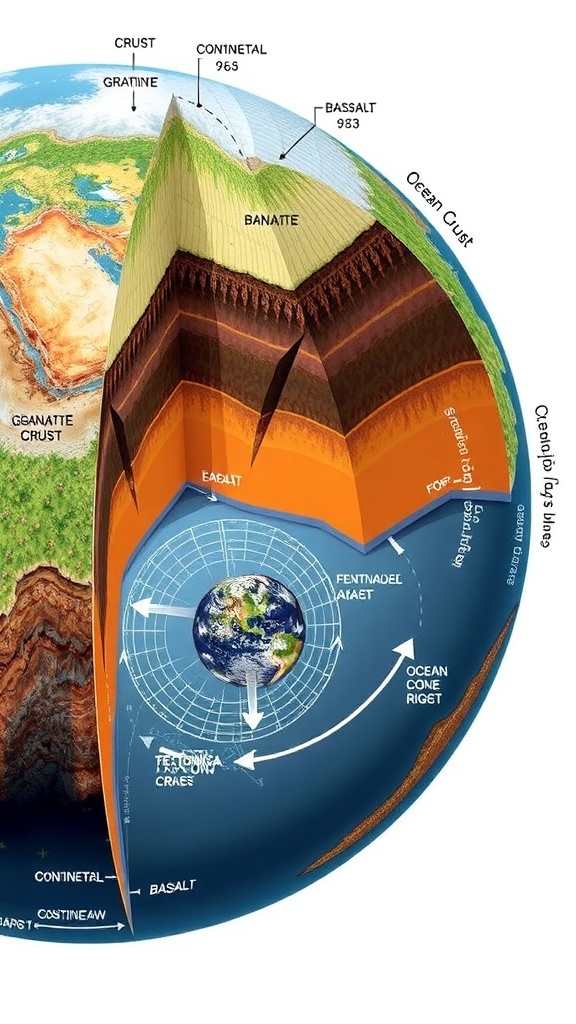 Geological cross-section of the Earth displaying the crust, mantle, and core with labeled rock types.